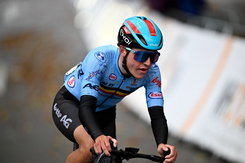 Cyclist competing in the UCI Championship wearing blue team kit